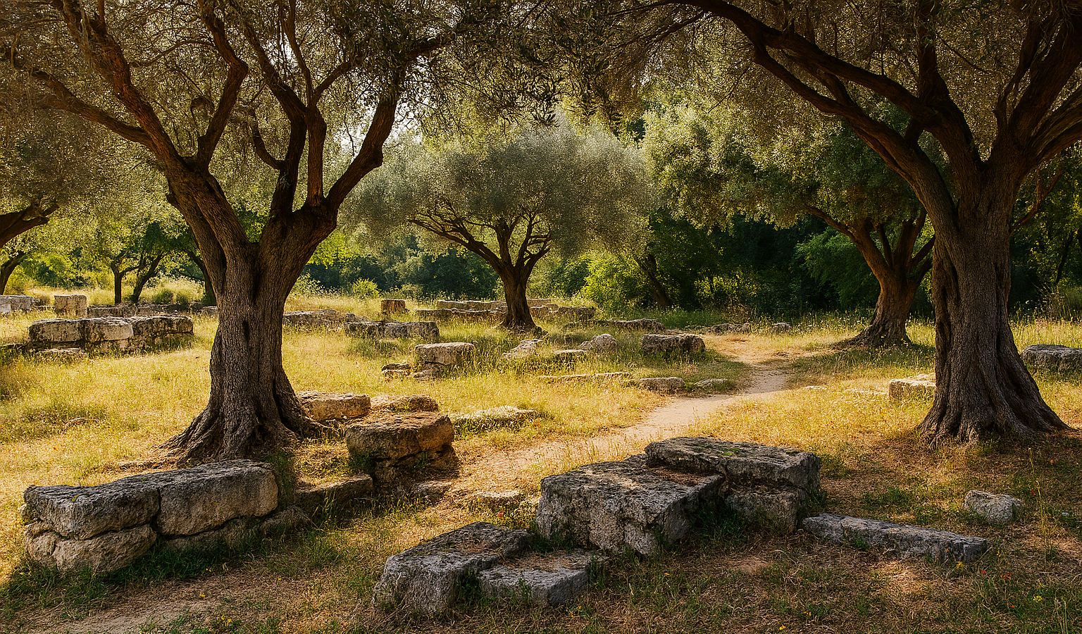 Plato’s Academy park with olive trees and scattered ruins